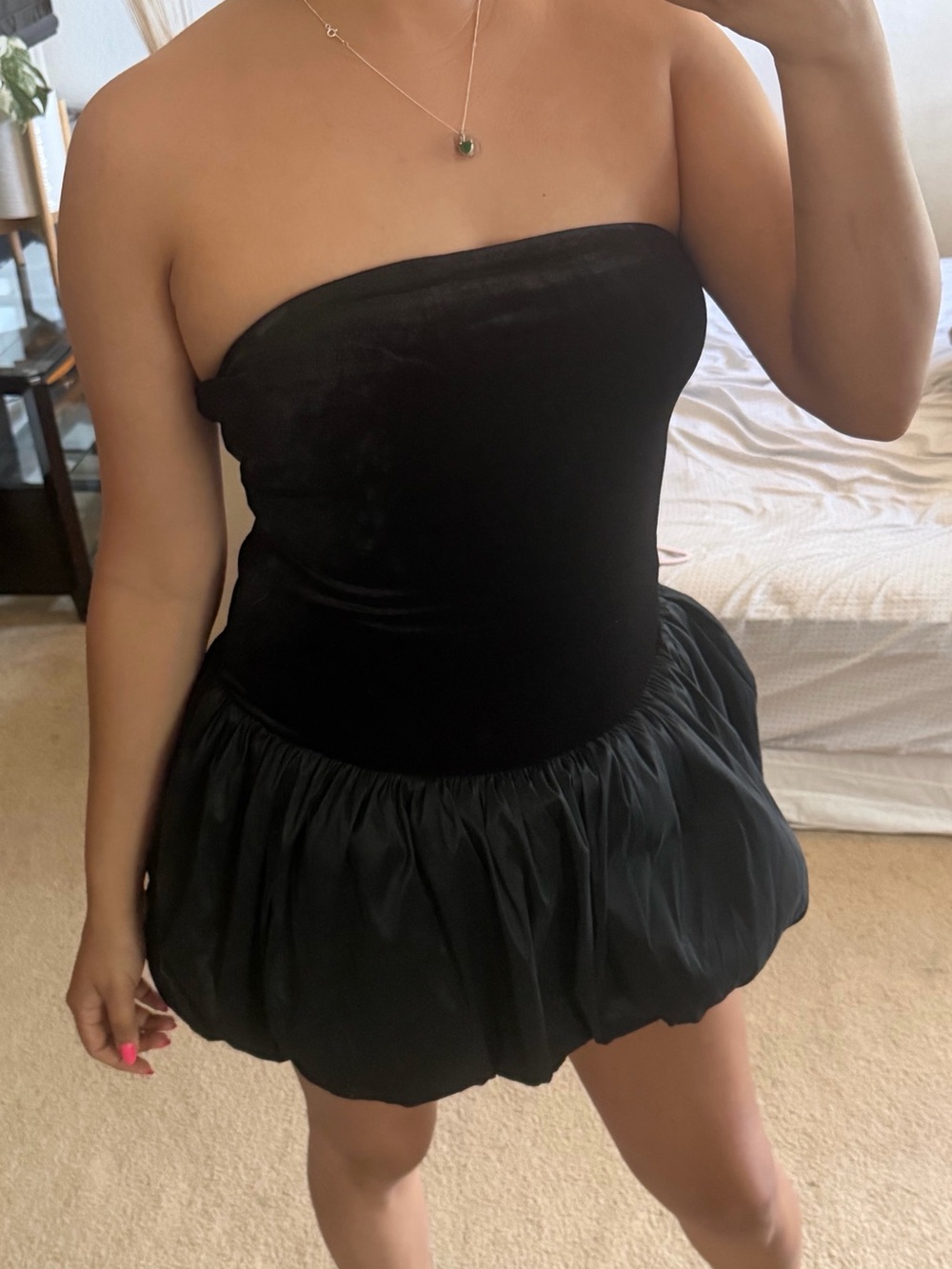 Thirty Thirty strapless velvet drop-waist bubble skirt mini dress.